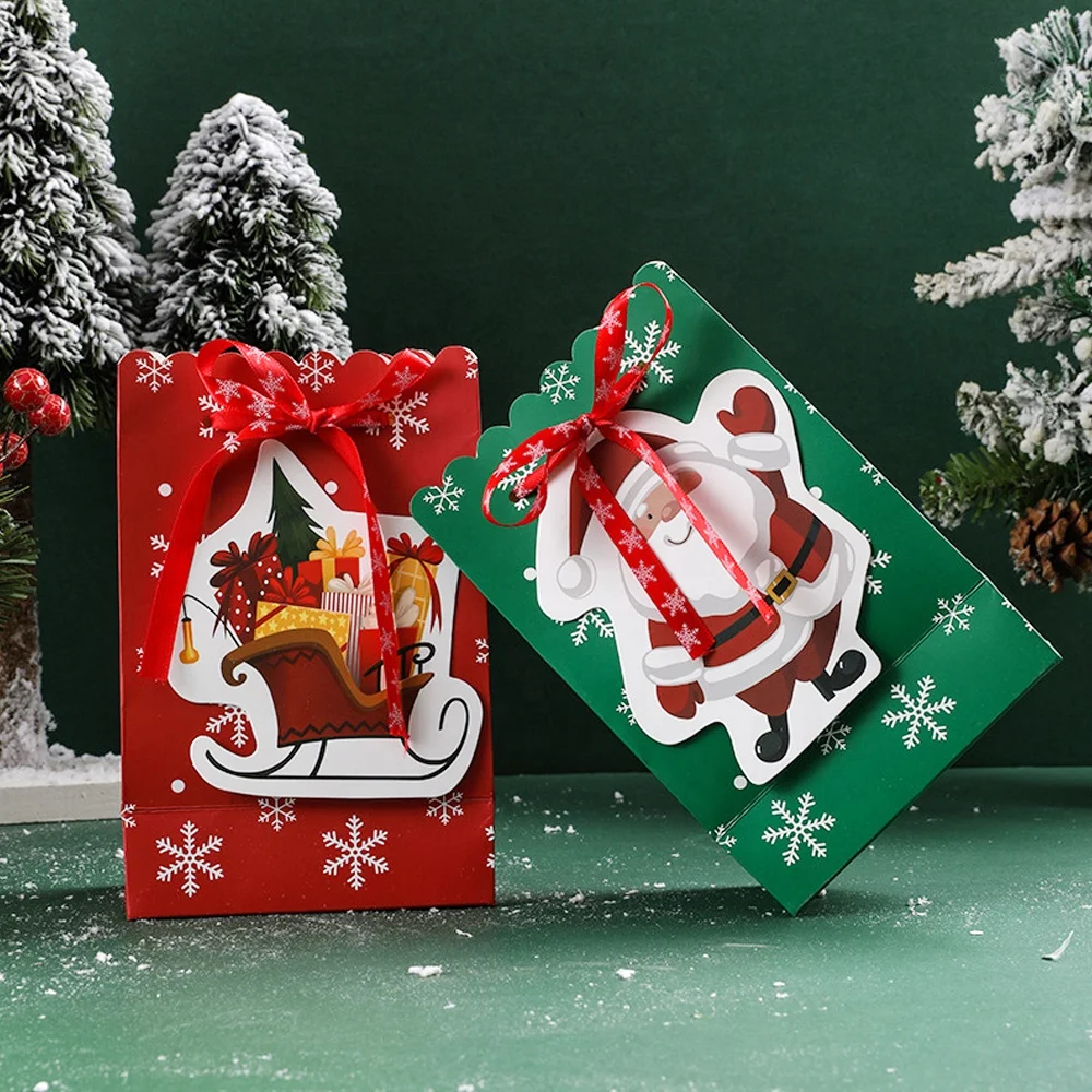 Christmas Themed Ribbon Paper Cookie Gift Bags Candy Sweet Packaging Bag for New Year Merry Christmas Xmas Party Package