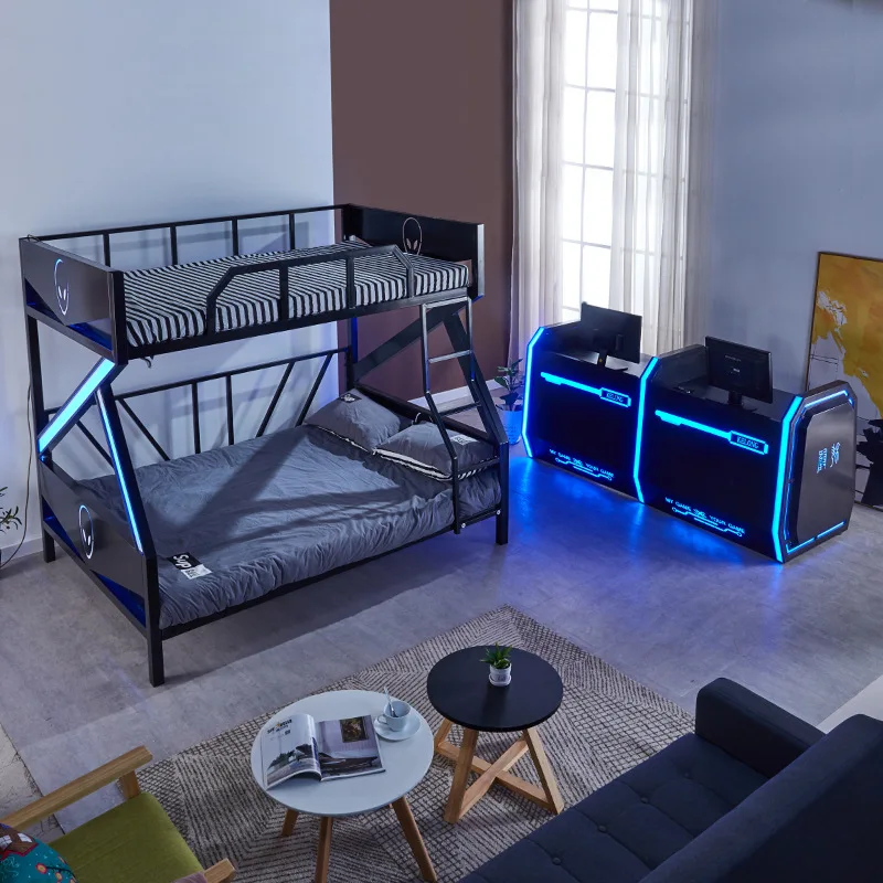 Modern LED Light E-sports Hotel Bed Loft Metal Twin Gaming Bunk