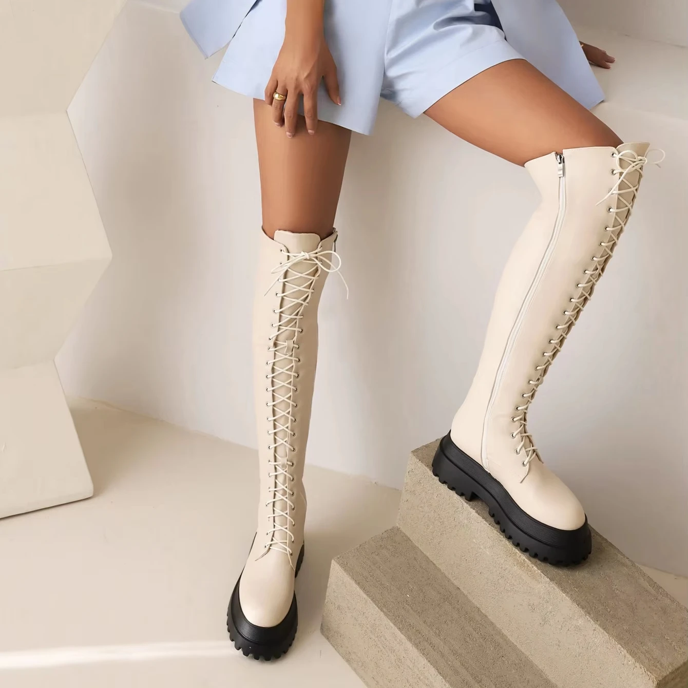 SHIKOL long boots black leather over-the-knee casual daily style platform chunky flats size 12 lace up women thigh high boots