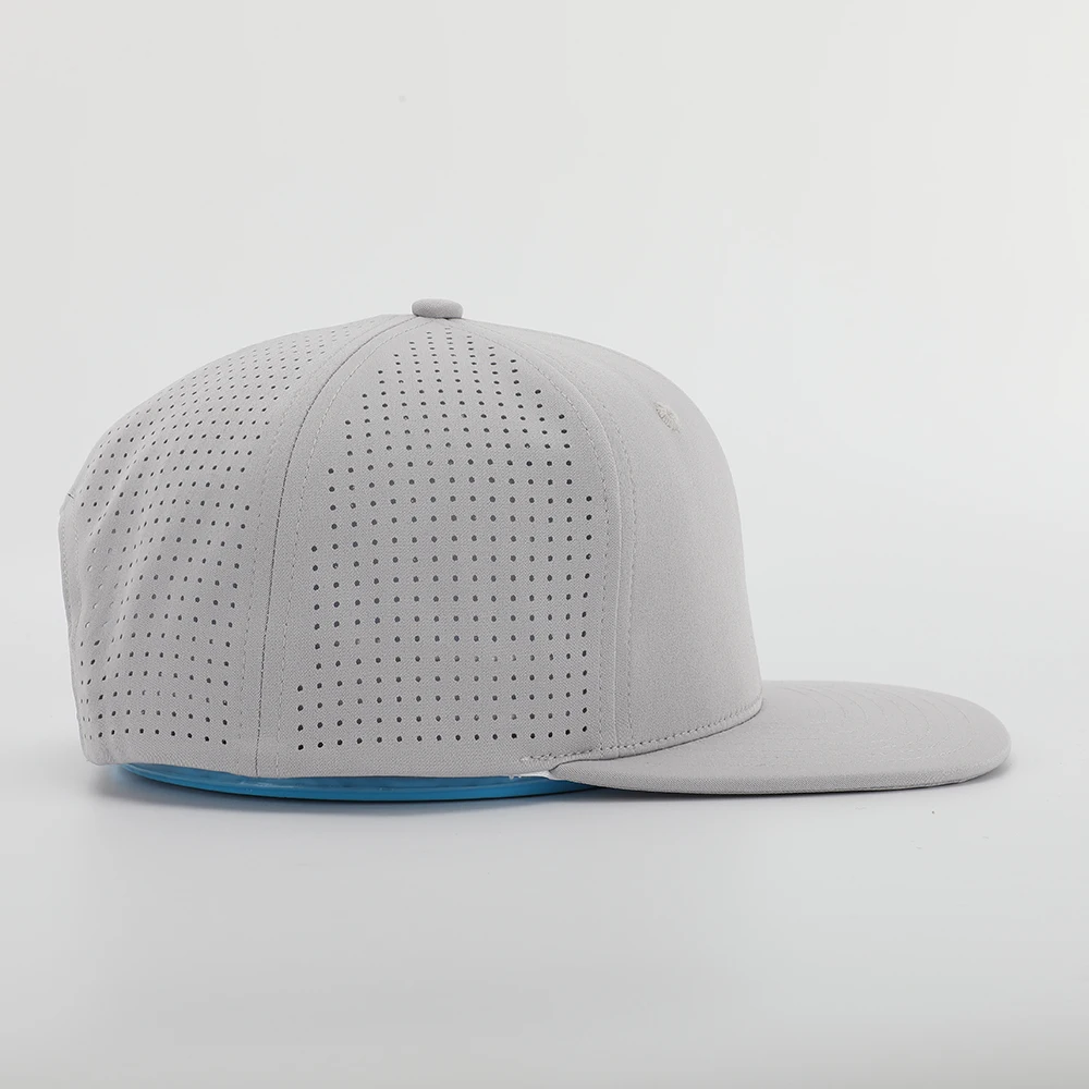 BSCI Custom High Quality 6 Panel Embroidery Logo Hip Hop Snapback Cap,Grey Polyester Flat Brim Laser Cut Hole Perforated Hat
