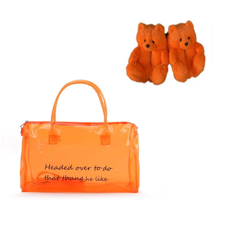 Hot Overnight Bag And Teddy Bear Slippers Set Selling Travel Custom Clear Pvc Spend The Night Bag Pink Gym Duffle Sports Bag
