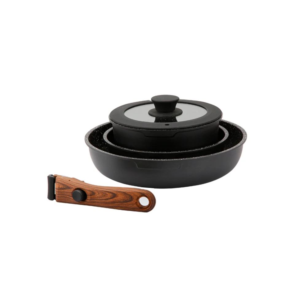 Customized Non Stick Cookware Set Round Frying Pan Pot With Removable Handle