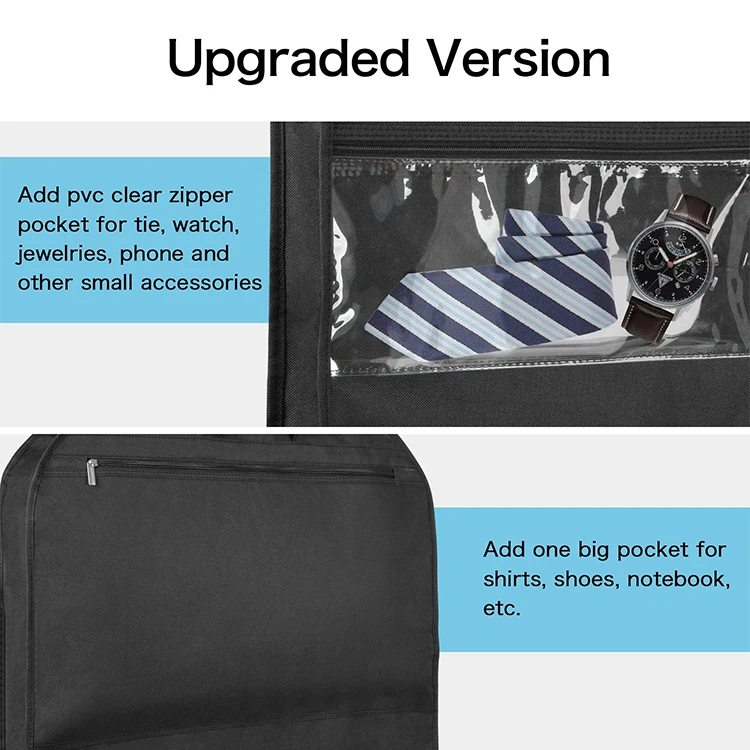 
Breathable custom non-woven clear window zippered pockets travel suit foldable garment bag for travel 