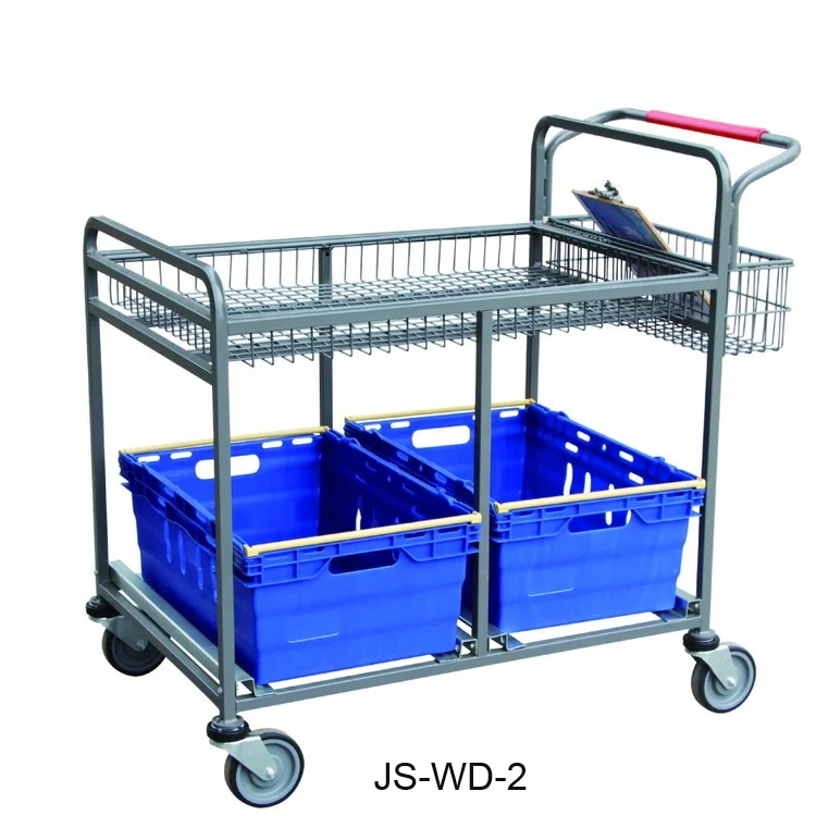JS-WD-3 Tesco Style online shop warehouse handling picking cart with  2 plastic bins