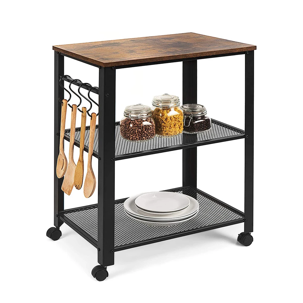 Kitchen Island Serving Cart with Utility Wood Tabletop, 3-Tier Rolling Storage Cart