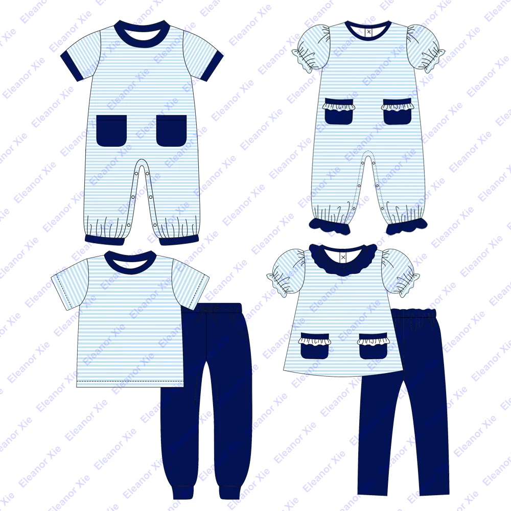 2025 Spring blue stripe toddler girls clothing set sibling matching wholesale ruffled cotton children girl leggings sets