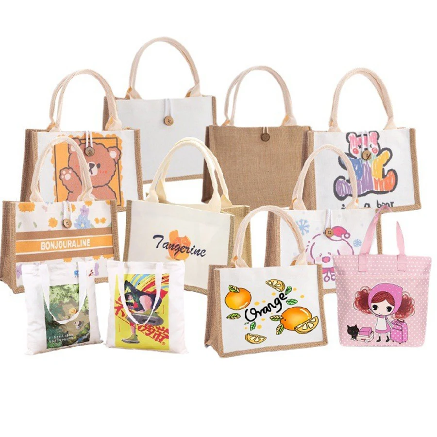 Wholesale Reusable custom logo printed grocery manufacturer hessian bag shopping large hemp burlap tote jute bags for gifts