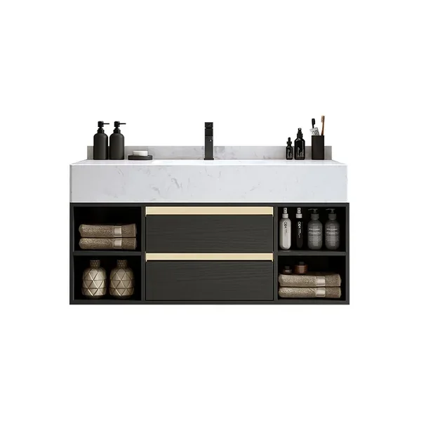 Modern Hot Floating Bathroom Vanity Set with Single Ceramic Sink 2 Drawers and Open Shelves