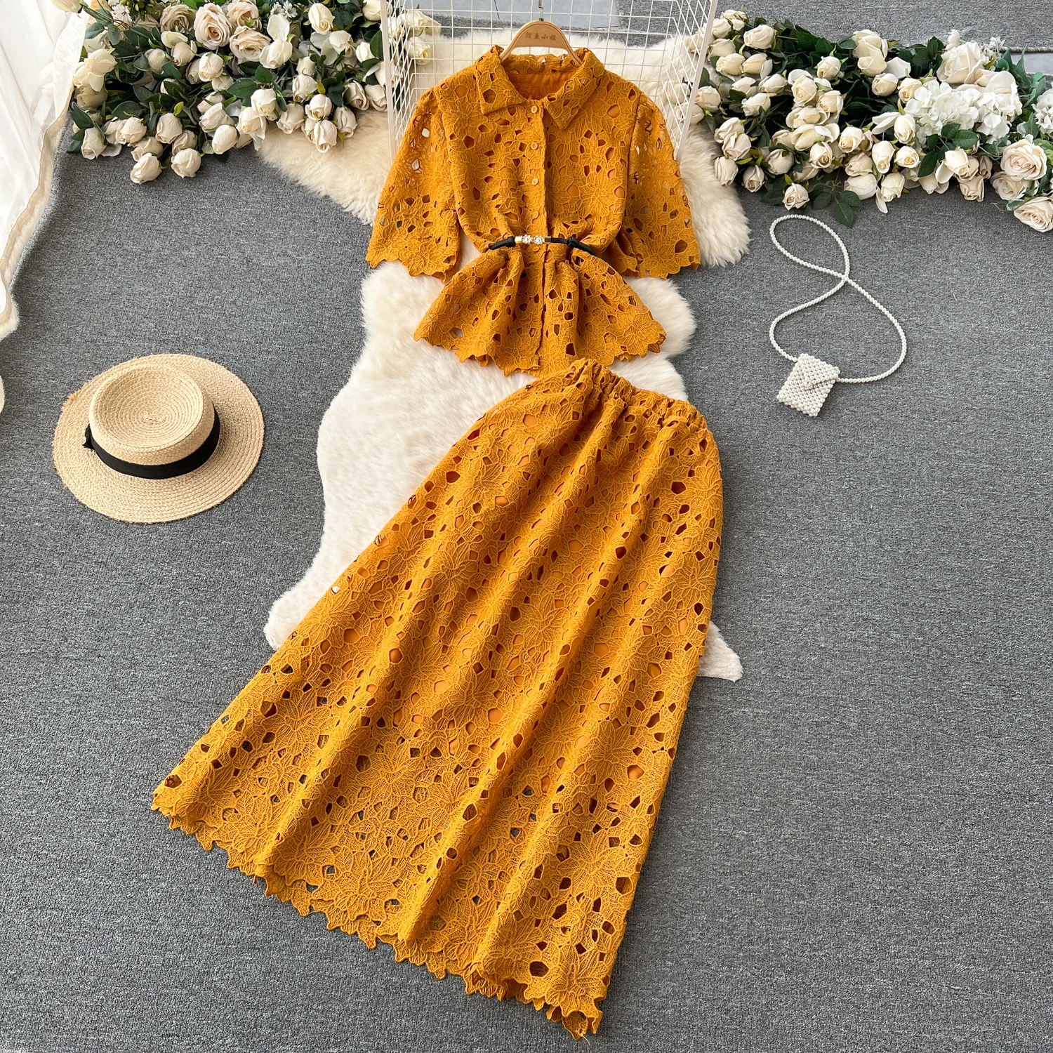 Summer Suit Female Ruffled Short Shirt Pleated Skirt Two-Piece Set
