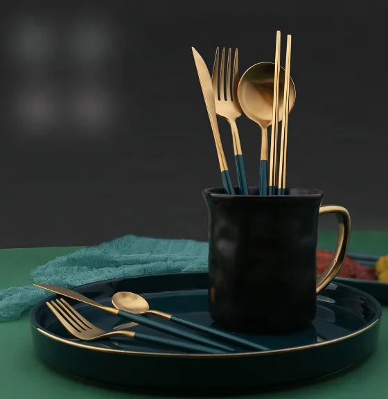 Modern Western Flatware Set Jade Green Handle With Titanium Gold Silver Stainless Steel Matte Cutlery for Restaurant