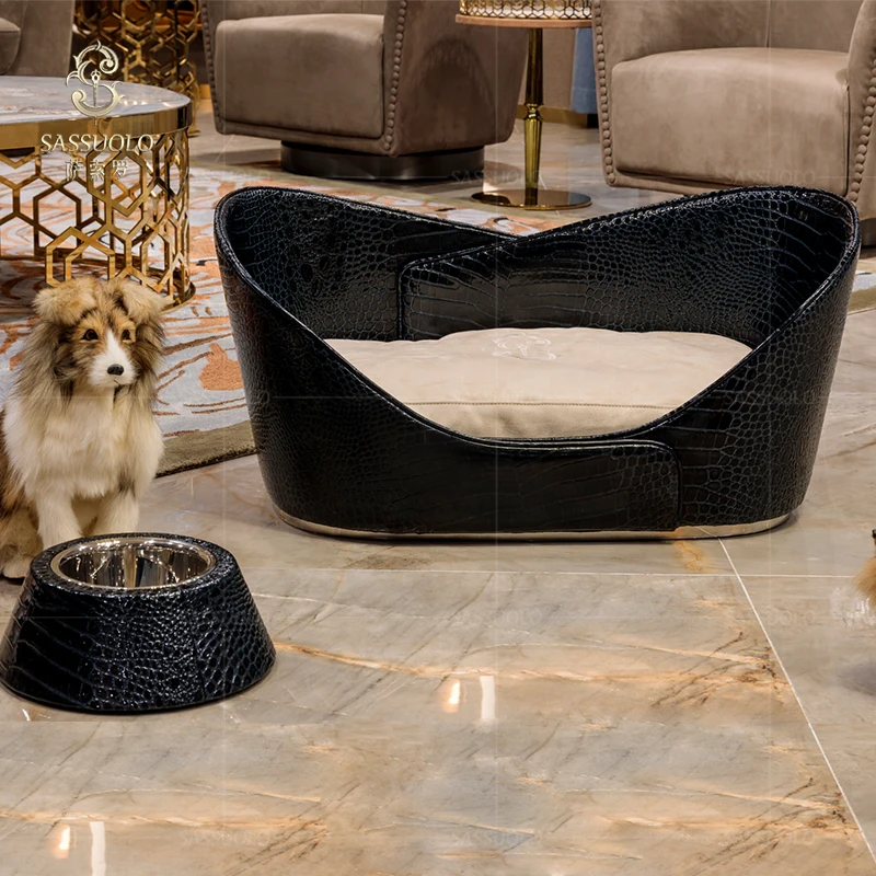 Sassuolo wildness doghouse stylish Patent leather crocodile stripes leather pet bed durable villa pets furniture