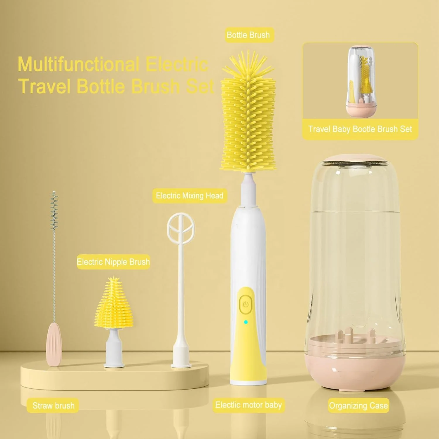 Travel Bottle Cleaner Kit With Electric Baby Bottle Brush Set And Drying Base Portable Silicone Baby Bottle Brush