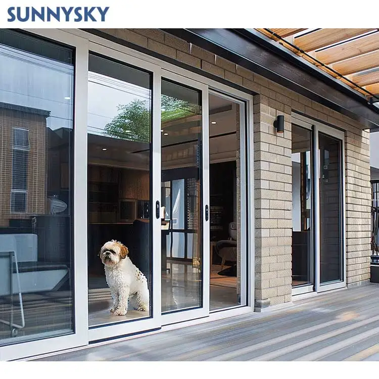 Sunnysky High Quality Contemporary Modern Double Glazed Patio Glass Sliding Doors Steel Folding Balcony Stacker Interior Door