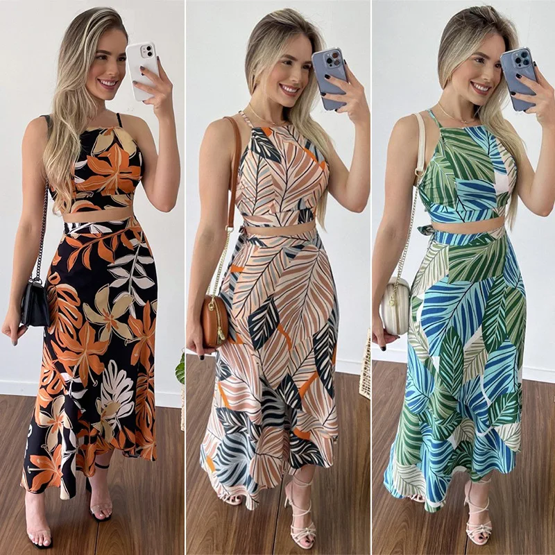Floral Printing Dress Set  Summer Casual Suit New Printed Cropped Lace Vest High Waist Skirt Two Piece Dress Set Beach Dress Set
