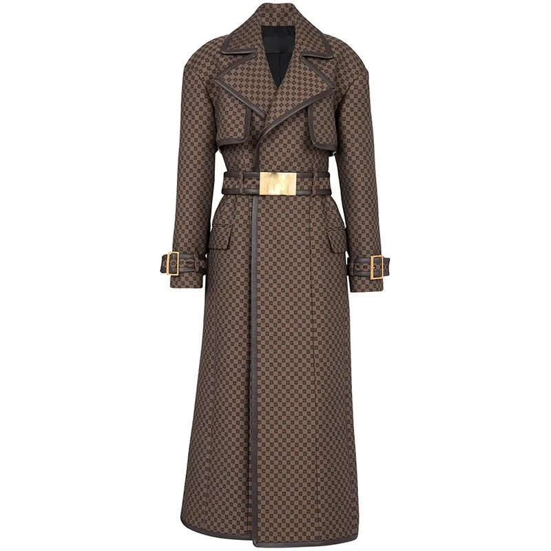 OUDINA Custom Fashion Belt Jacquard Pattern Over The Knee Jackets Long Coat Trench Windbreaker Jacket