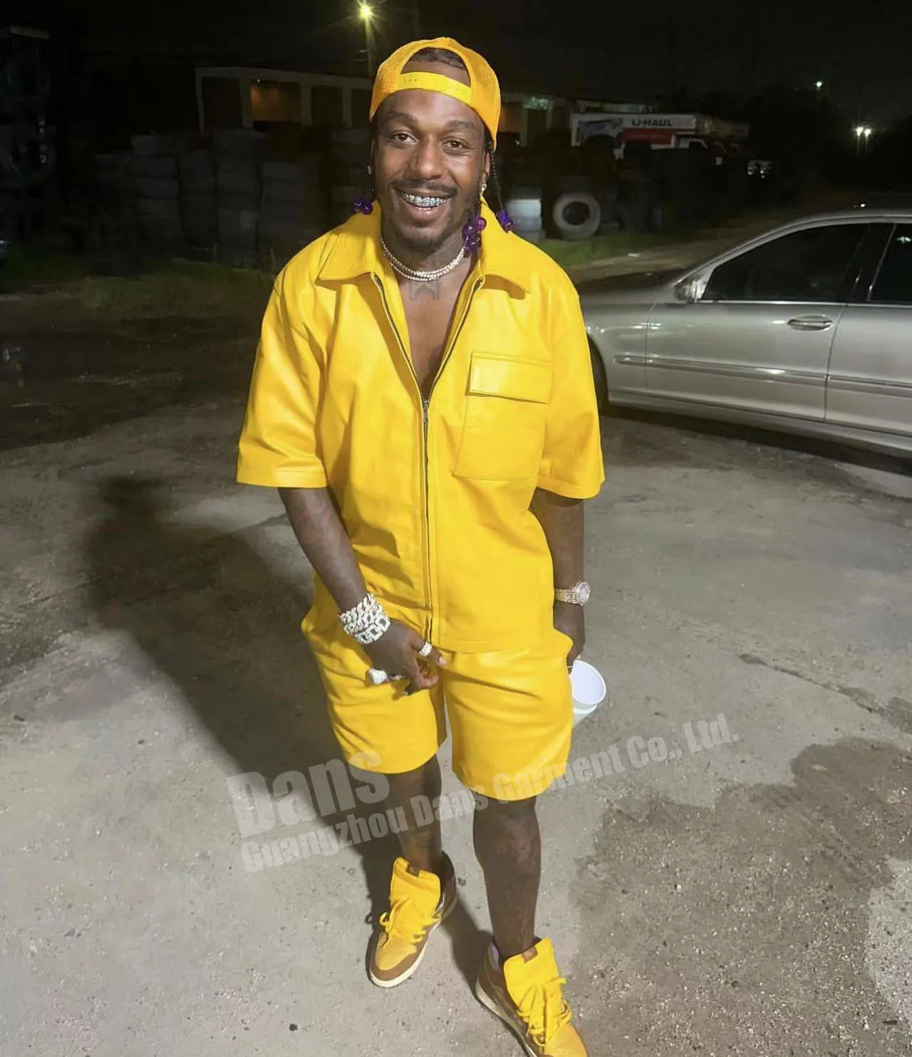 Summer Custom Faux Leather Set Mens Fashion Short Sleeve Pu Zip Up Jacket Coat And Shorts Two Piece Sets For Men