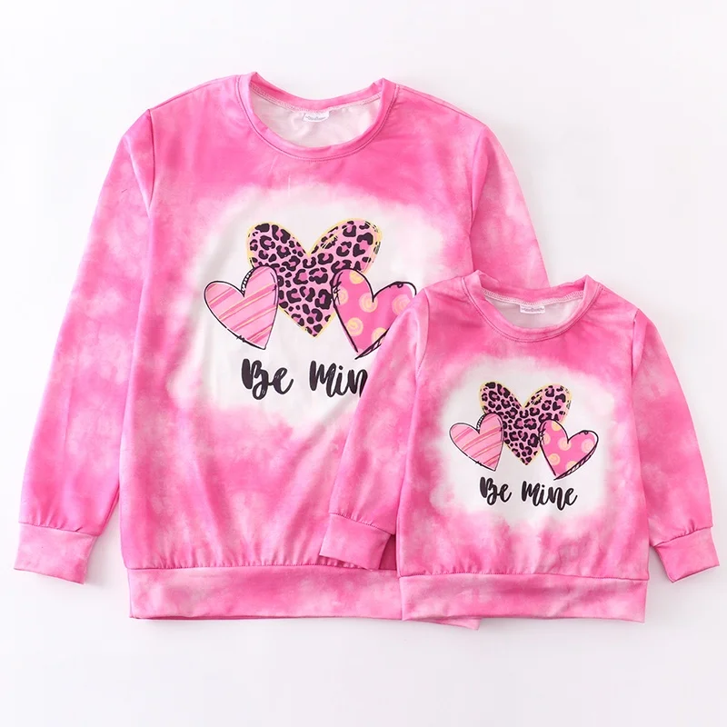 Girlymax 2023 Pink Be Mine Love Heart Tie-dyed O-neck Long Sleeve Baby Girls Mommy and Me sweatshirt