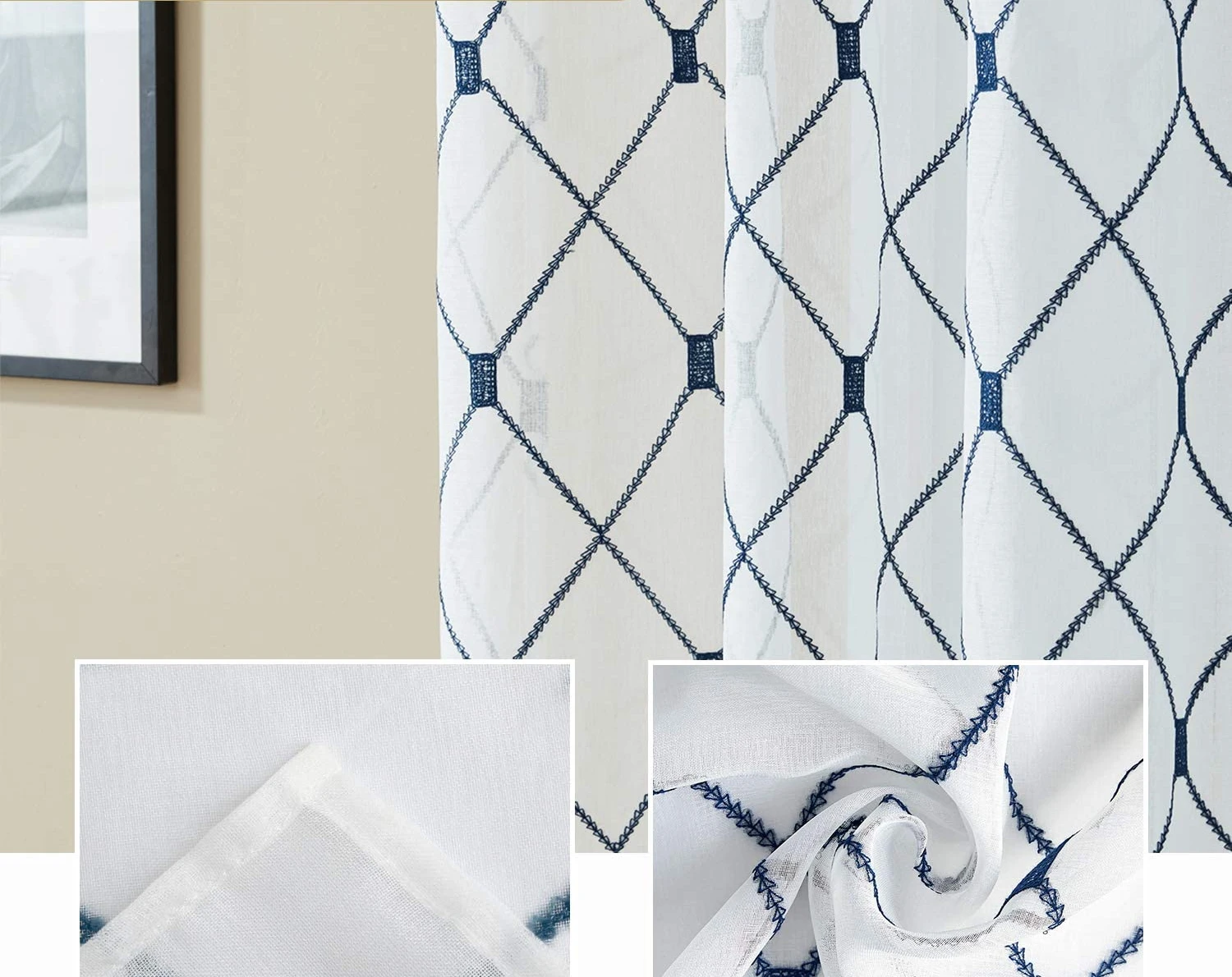 
Sheer Curtains Long Navy Blue Embroidered Diamond Grommet Window Curtains for Living Room Bedroom 