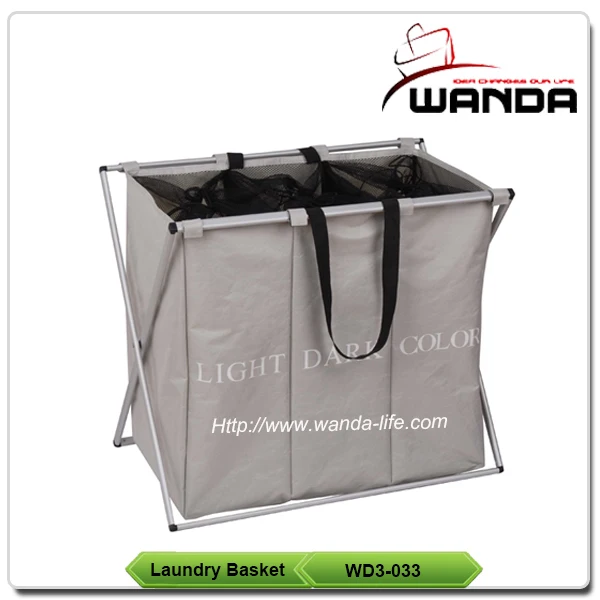 High quality 3 compartments folding laundry basket with aluminum frame