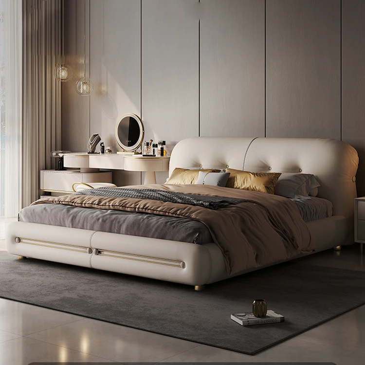 Designer High-End Luxury Modern Minimalist Genuine Leather Bed  Up-Holstered Large Bed for Bedroom Furniture