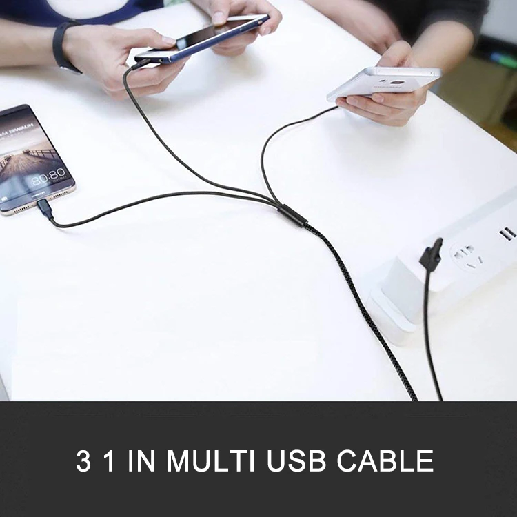 Лидер продаж на Amazon 2019 нейлоновый Плетеный Usb-кабель 3 в 1 для зарядки iPhone Micro Type
