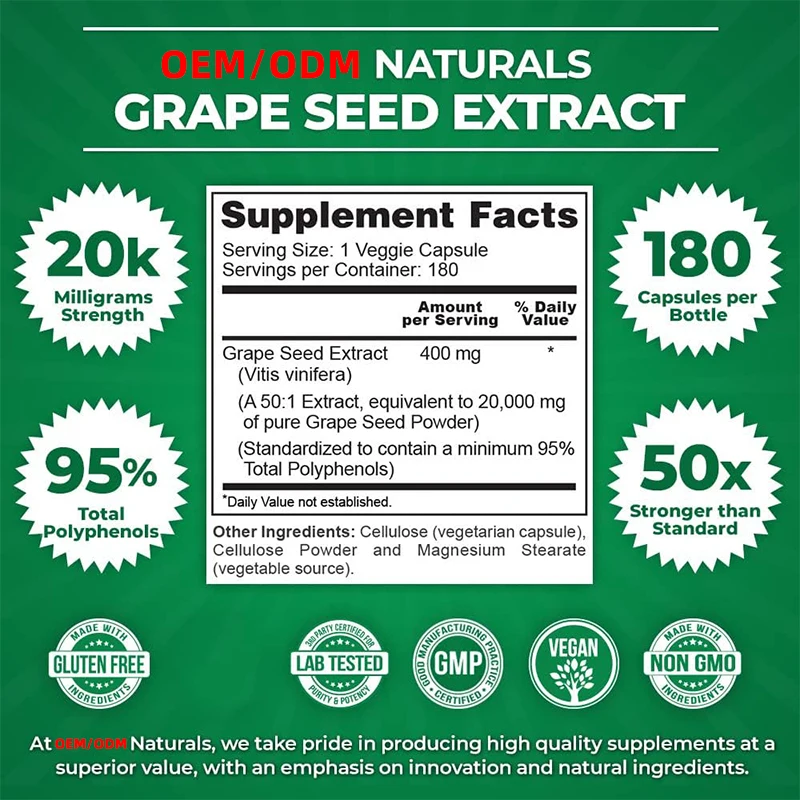 All-Natural 20000 mg High Strength Grape Seed 50:1 Extract Non-GMO 180 Vegan Capsules