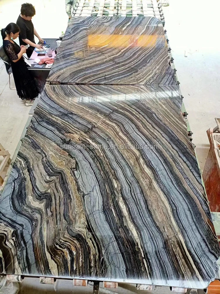 Bookmatch exotic  Popular Black Wooden Marble Slabs with gold lines Polished Black Forest Marble For Wall Tile