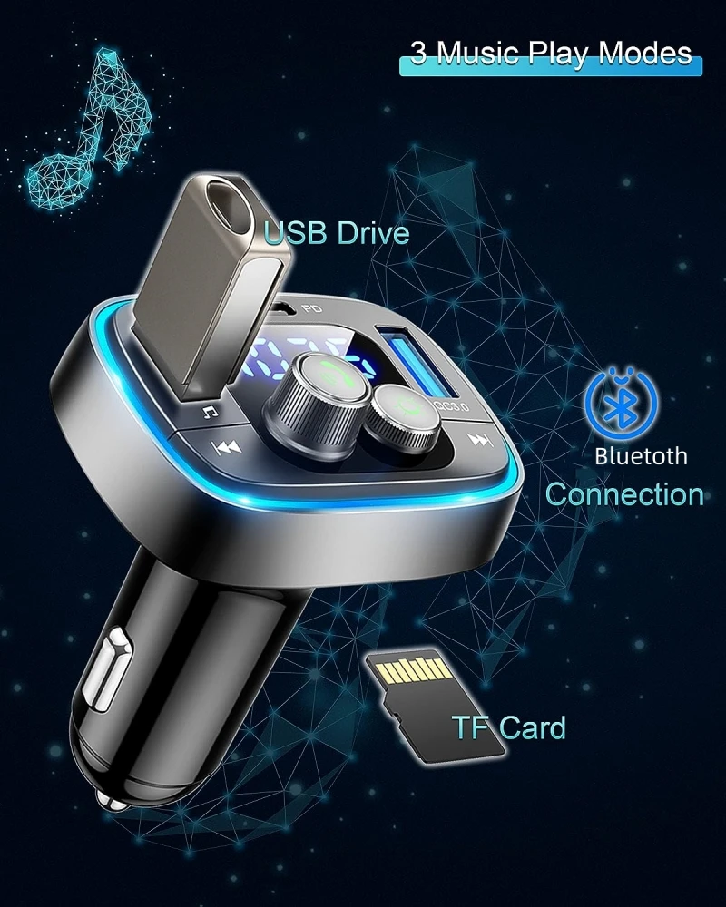 QC 3.0 Car BT 5.0 FM Transmitter PD Type C Dual USB 36W Fast charging Colorful led Light quick charger wireless MP3 Player