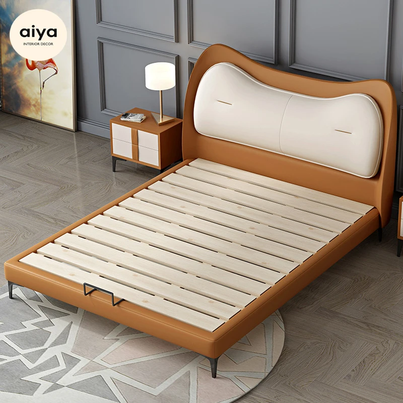 Italian Luxury Contrast Color leather upholstered soft bed child bed with storage