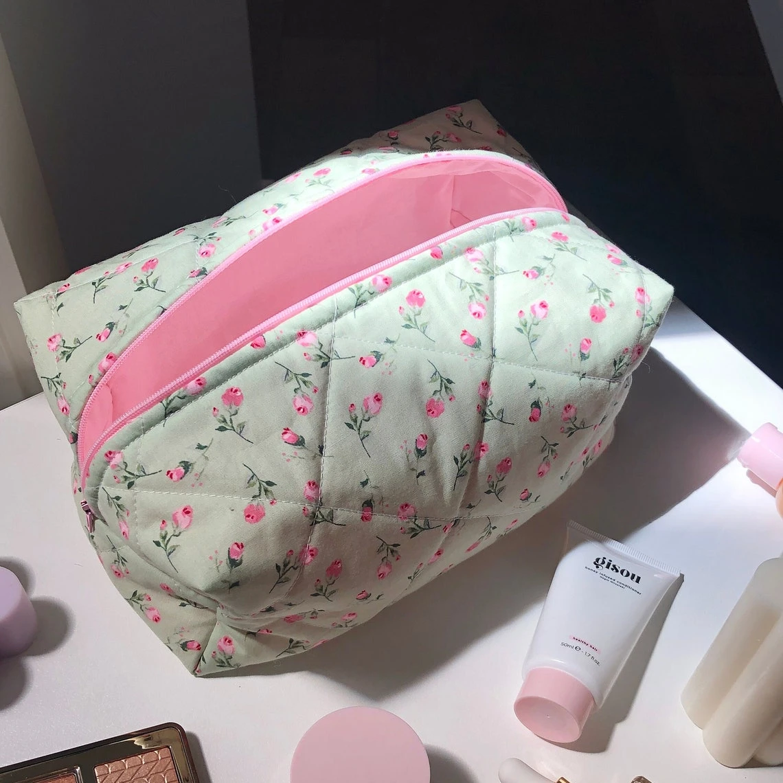 Customized Floral Makeup Pouch Pink Colorful Travel Storage Bag pink Cute Flower Cotton Cosmetic Bag For Girls