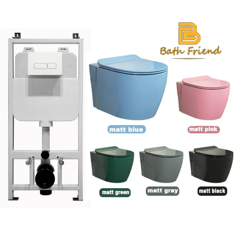 20 Years Warranty matte color blue gray Toilet ceramic slim UF seat Rimless Tornado Flush Wall hung Toilet