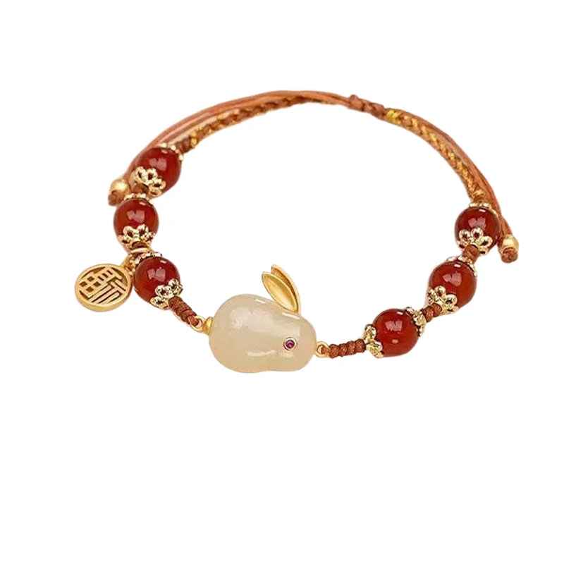 Hotan Yufu Jade Rabbit bracelet girl country ancient zodiac rabbit net red string bean to give girlfriend gift
