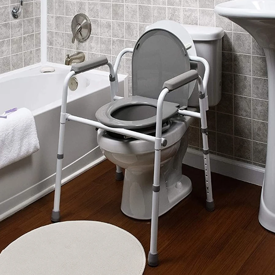 Commode Chair Fixed Arms Steel Back Bar, 3-in-1 Portable Bathroom Potty Chair for Adults