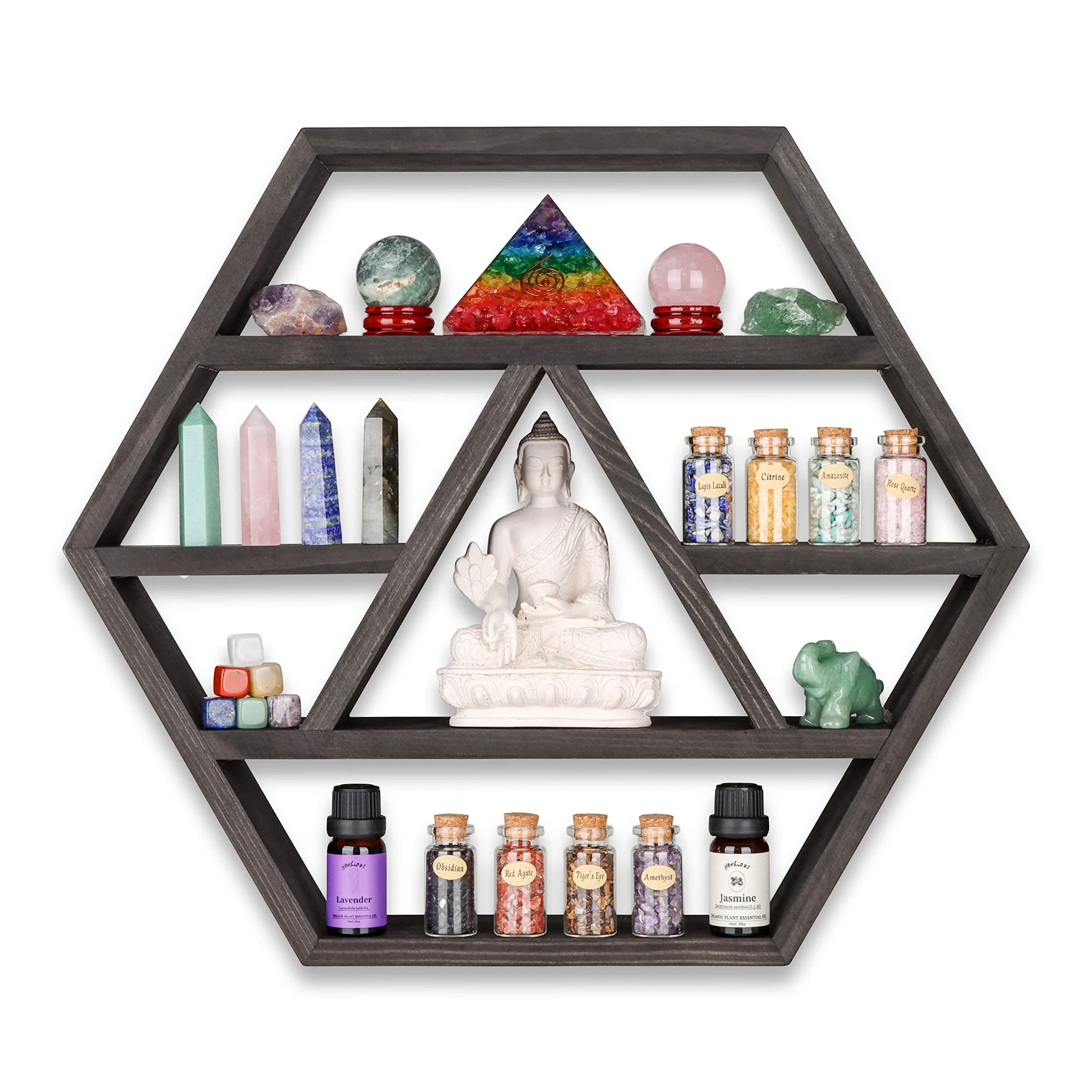 Custom premium black hexagonal pine floating ledges high quality crystal decorative brackets wooden wall shelf