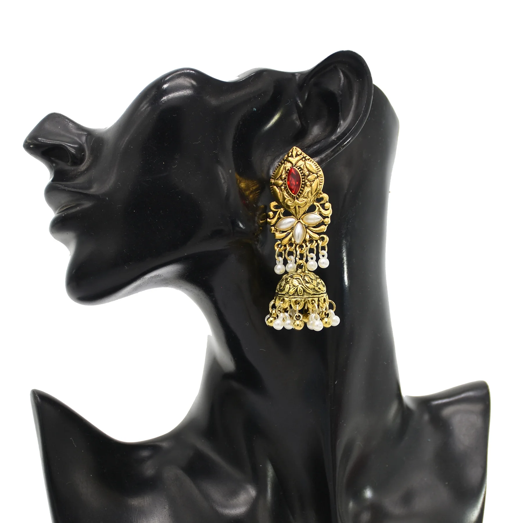 Gold Tone Art Deco Antique Vintage Art Deco Victorian Style Ruby Red Rhinestone Dangle Earrings