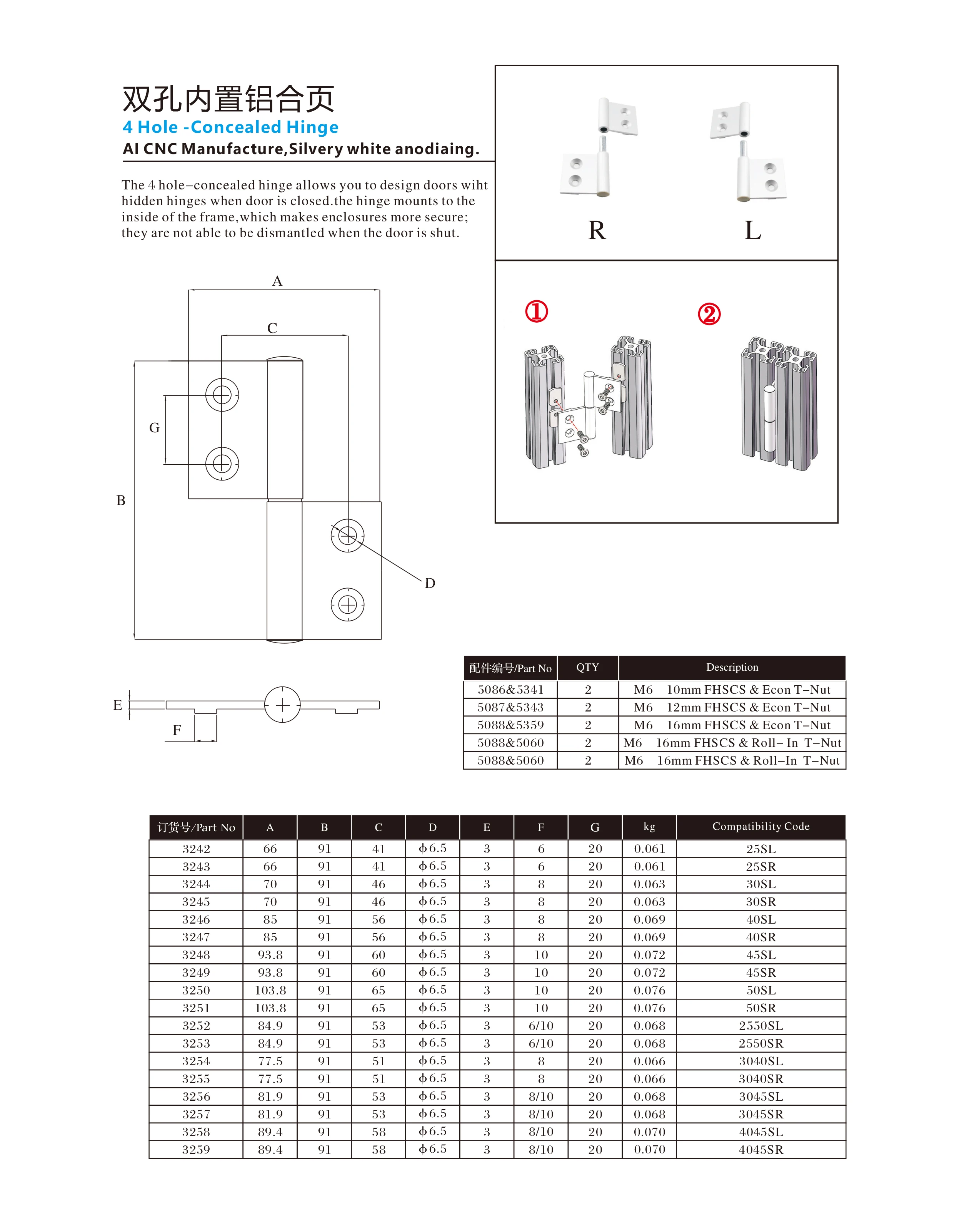 Factory Price 2550SR 4 hole concealed hinge sliver anodizing aluminum hinge industrial application T slot profile#3253