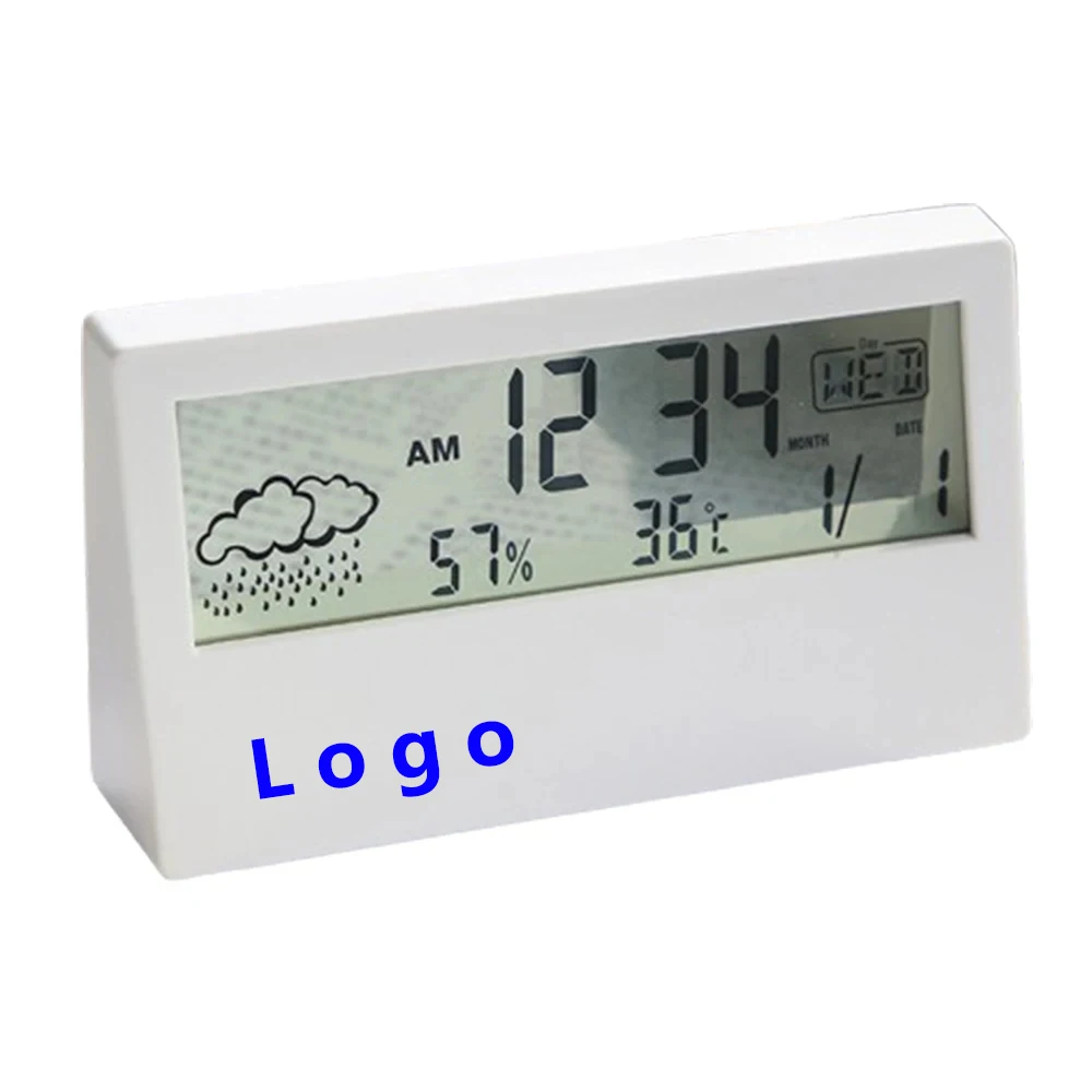 LCD Electric Desk Alarm clock White with Calendar and Digital Temperature Humidity Modern home Office Watch Battery Operated