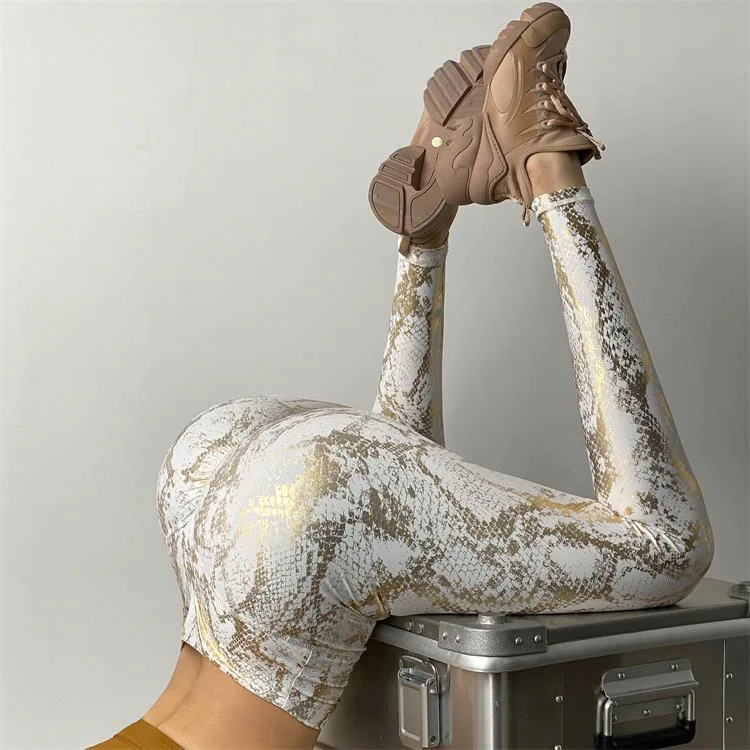 Women Gilded Workout Yoga Pants High Waist Sanke Printed Sport Leggings Fitness Butt Lifting Gym Leggings