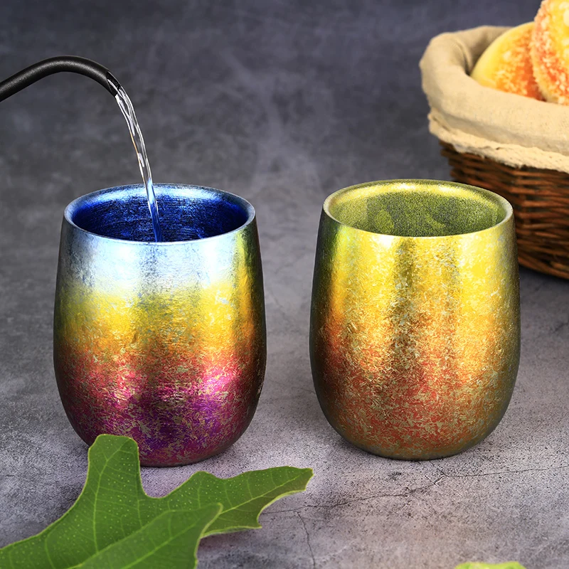 220ml Lightweight Colorful Double Wall  Titanium Stemless Wine Cup Mug