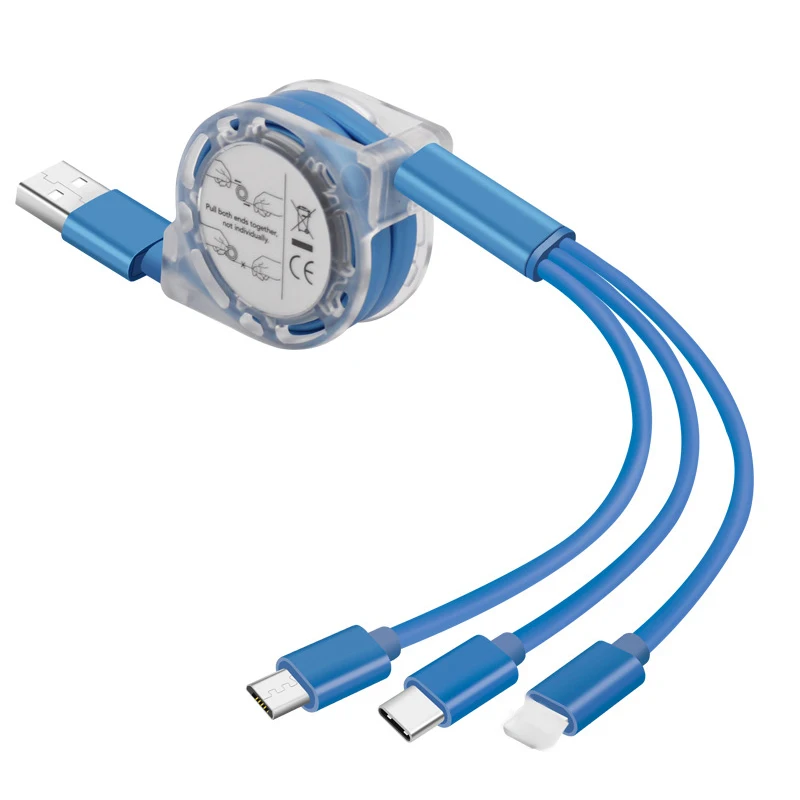 High Quality Retractable Multi-function TPE Mobile Phone Charger Cables Usb 3 in 1 Cable