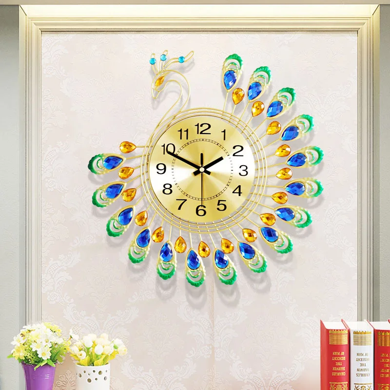European style peacock wall clock, living room clock, modern decoration, silent wall hanging