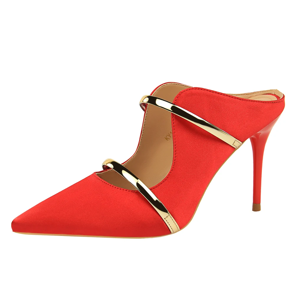 1788-2 пикантные женские сандалии в европейском и американском стиле на шпильке атласные открытые металлические тапочки с острым носком