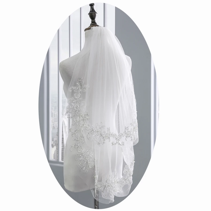 
soft tulle Silver Wire Bridal Veils 2 Tier lace fingertip wedding veils Short flush veils with comb 