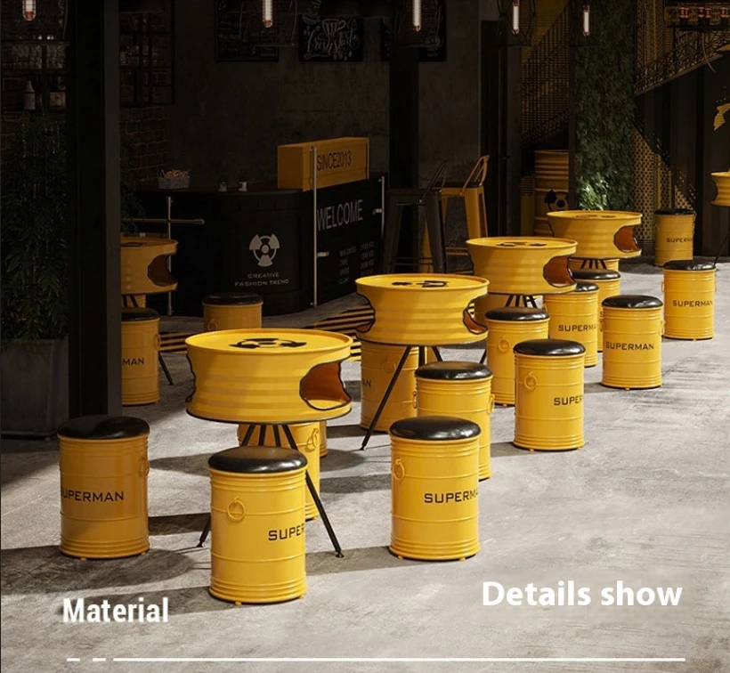 Bar Industrial Style Coffee Shop Western Restaurant Round Iron Oil Drum Table And Chair Set