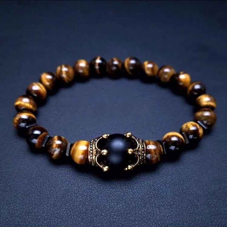 Wholesale 8mm men jewelry Hematite natural crystal healing tiger eye stone gemstone Quartz beaded elastic crown bead bracelet