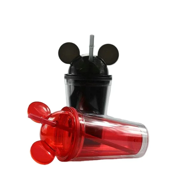 16OZ Double Wall Acrylic Plastic Mouse Ear Tumbler Cup Dome Lid With Straw