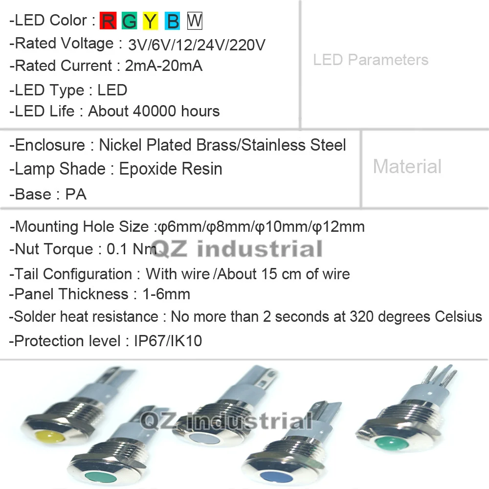 QZ Industrial Flat 8mm Metal Signal Lamp/LED Indicator Light Lamp with Waterproof Mounting hole size 8mm 24V 110V 220V