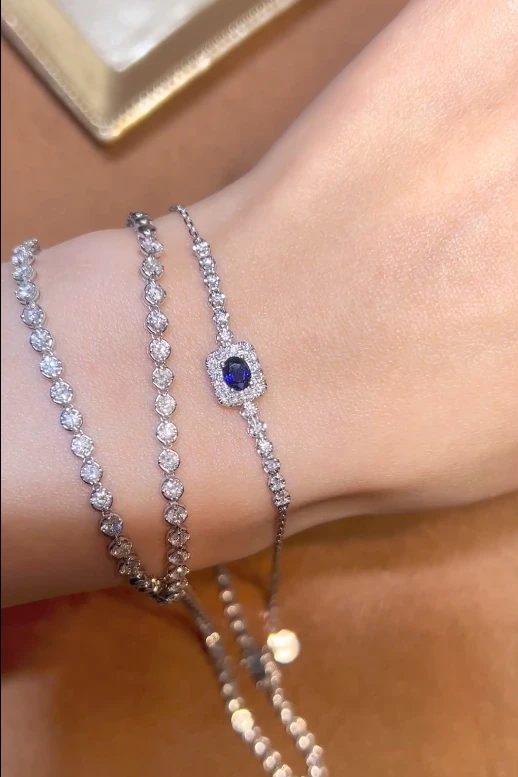 Simple INS Style 18K White Gold Jewelry Natural Royal Blue Sapphire Tennis Bracelet Fashion Accessory Charm Bracelet