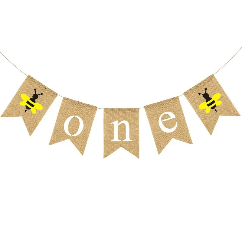 Jute Burlap Bee Themed One Highchair Hessian Banner Baby 1st Birthday Party Rustic Bunting Banner ONE Banner with Bee CUstomized