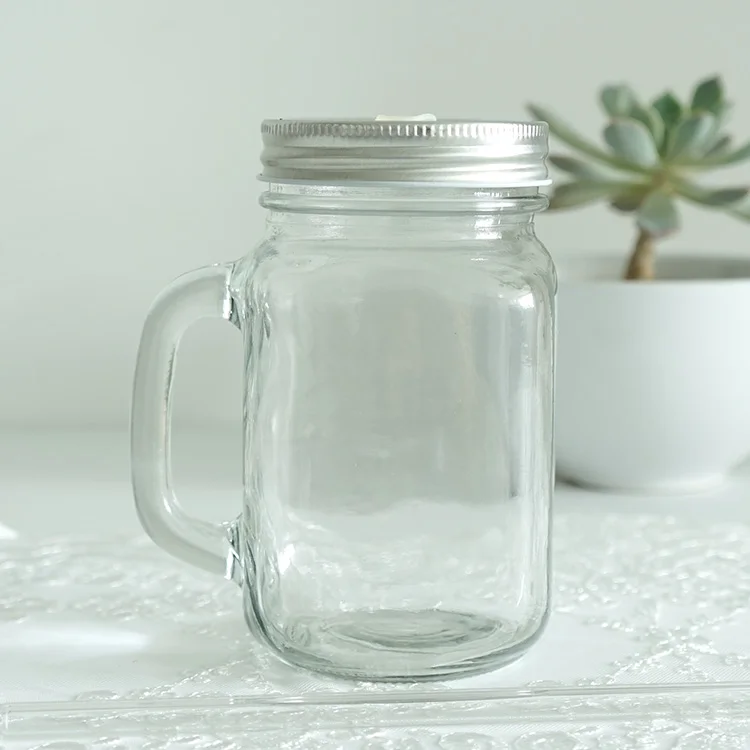 Decorative printed logo glass mason jar with straw lid custom